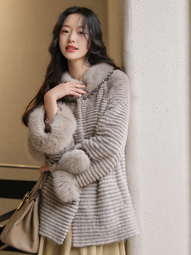 HDHOHR 2024 High Quality Natural Mink Fur Coat Women Winter Warm Fox Fur Decorate Knitted Real Mink Fur Jacket Fashion Female