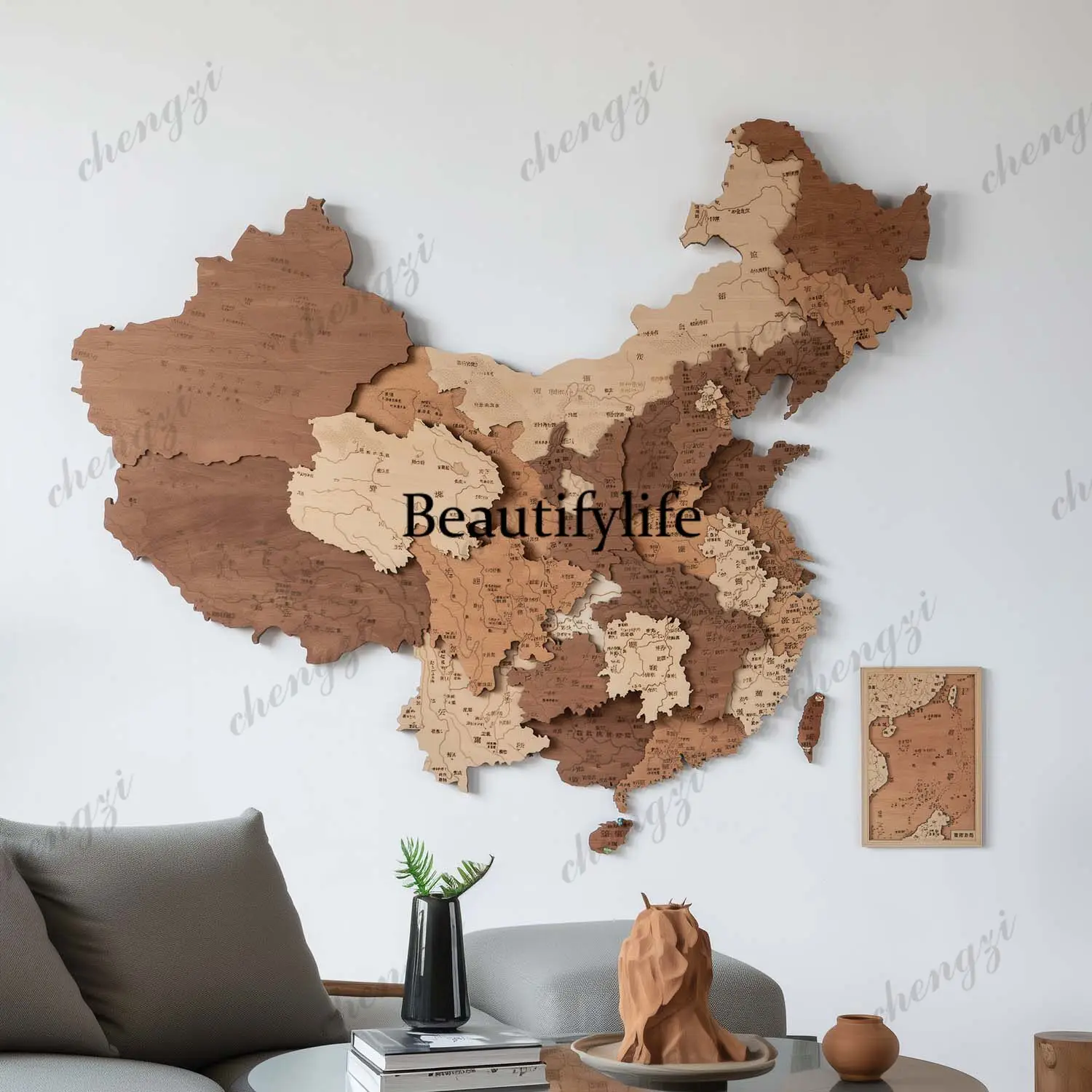 Carved wooden creative map, wall, three-dimensional decorative painting, simple creative hanging painting wall decoration