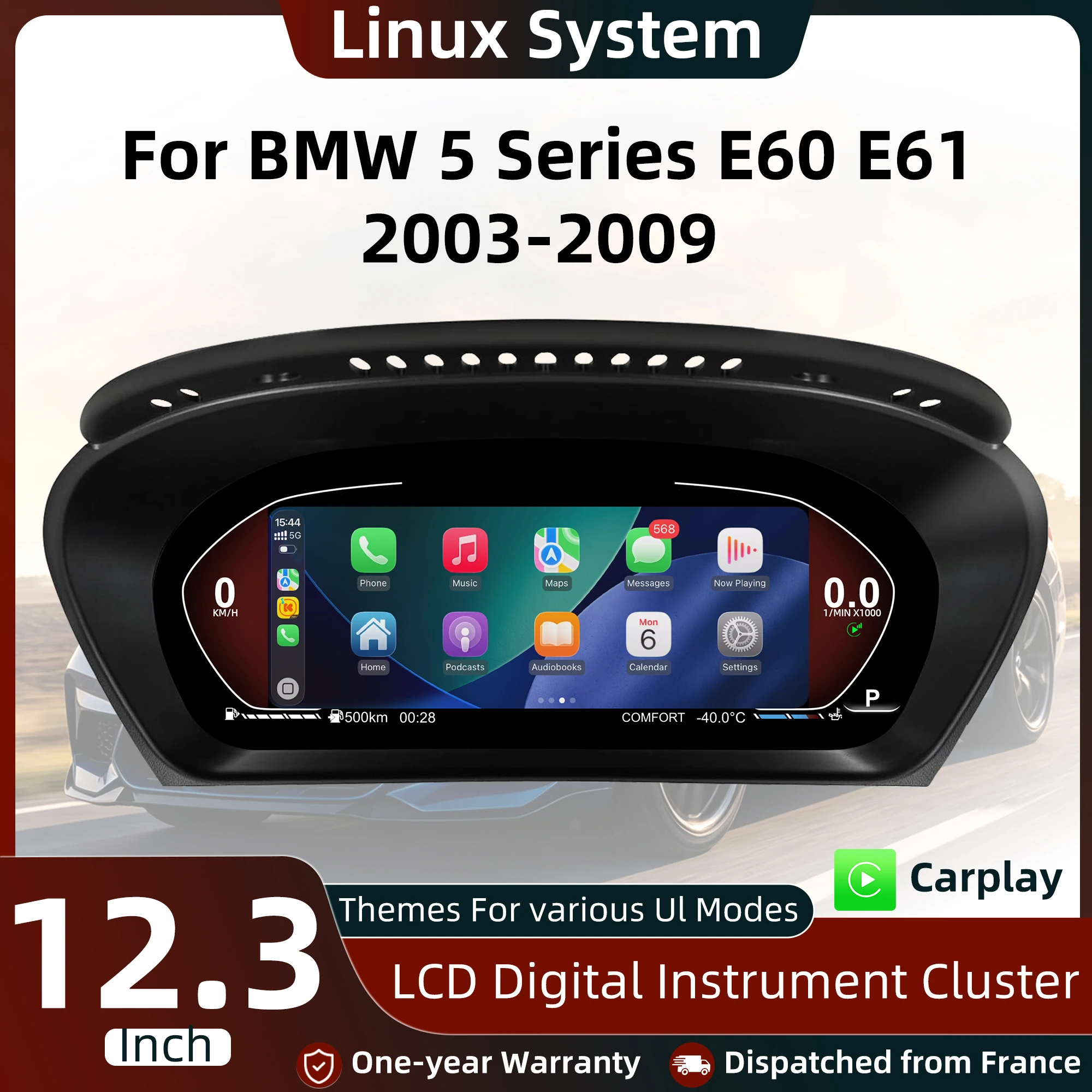 Tableau de bord numérique 12.3 pouces pour BMW Série 5 E60 E61 E63 E64 2003-2009 compteur kilométrique compteur de vitesse Plug-and-Play cockpit virtuel IOS Carplay -Android Auto