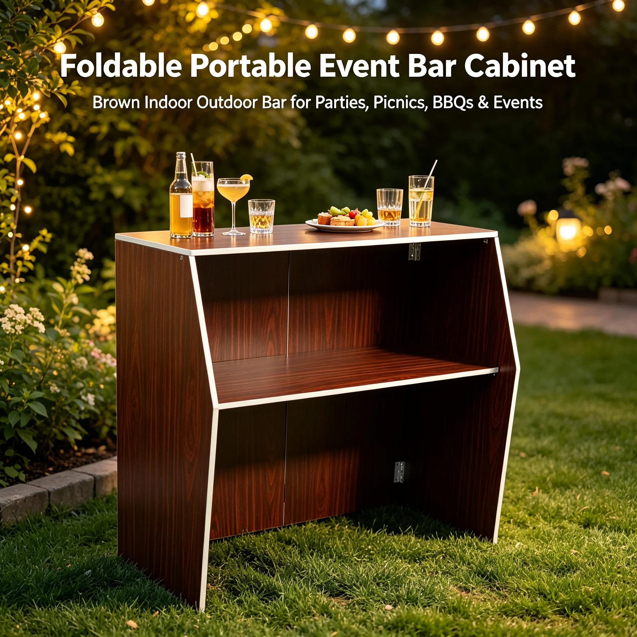 Foldable Portable Event Bar Cabinet, Aluminum & Ecological Board, 110lbs Top Load, Brown, for Parties Picnics BBQ Outdoor Indoor Events, Easy Assembly