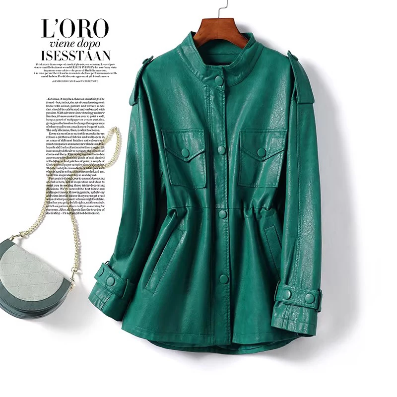 Nueva Chaqueta Corta Casual de Cuero Sintético para Mujer, Moda Primavera Otoño, Cuello Alto, Cintura Ajustable con Cordón, Chaqueta Holgada para Mujer