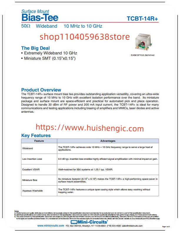 TCBT-14R+     RF IC biasing device universal 10MHz ~ 10GHz GU1414