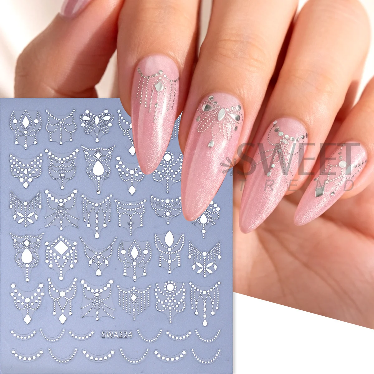 4/5pcs Retro Pearl Lace Chain Nail Stickers Mandala Laser Silver Gold Adhesive Decals Flowers French Tassel DIY Manicure Sliders
