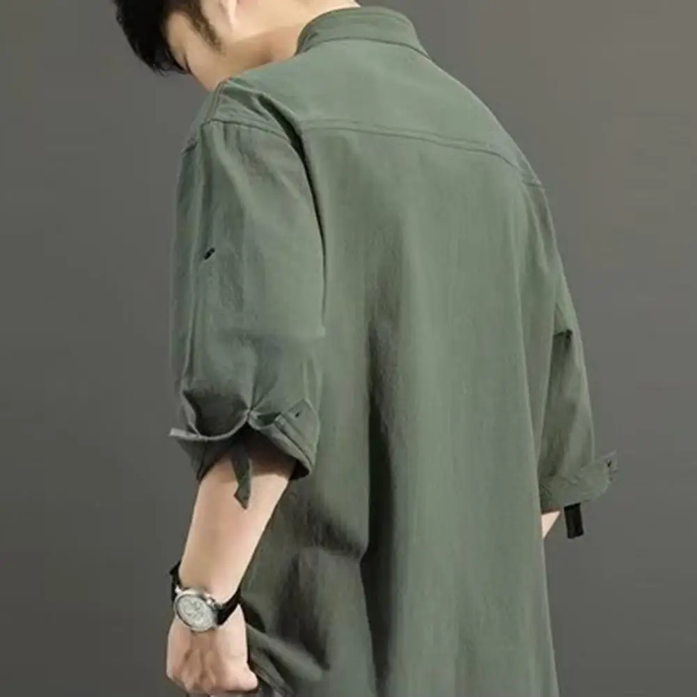 

Summer Shirt Stylish Summer Men's Stand Collar Cardigan Loose Fit Pure Color Mid Length Business Top for Formal Casual Occasions