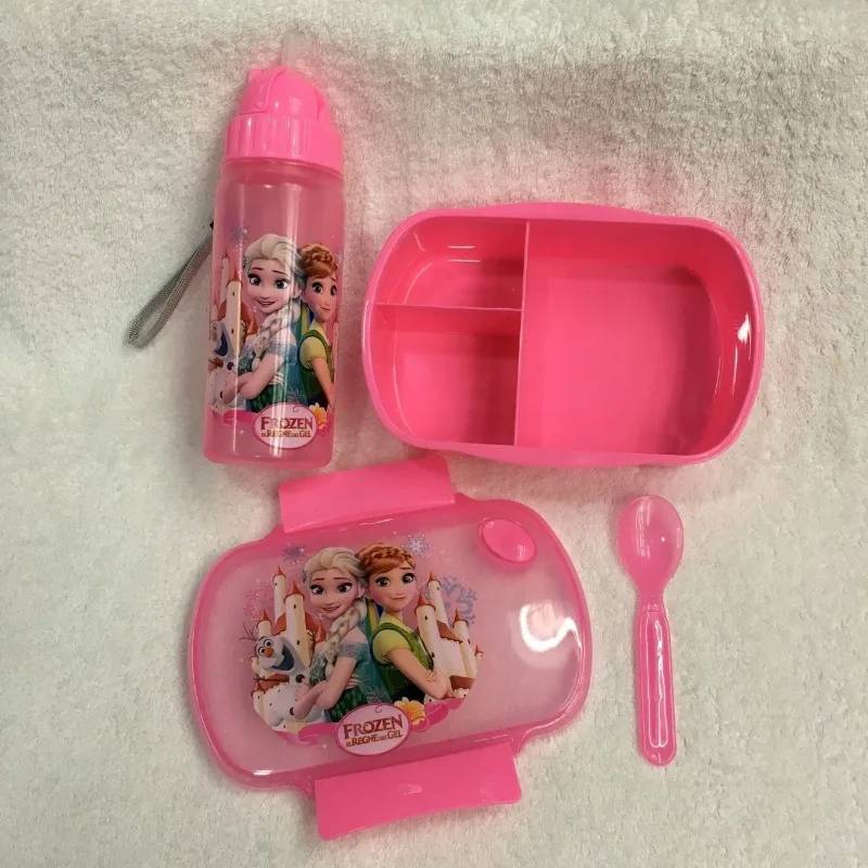 Disney Elsa Lunch Box Water Bottle Set Cartoon Outdoor Sports Plastic Cup Student Picnic Food Fruit Salad Containers Bento Boxes