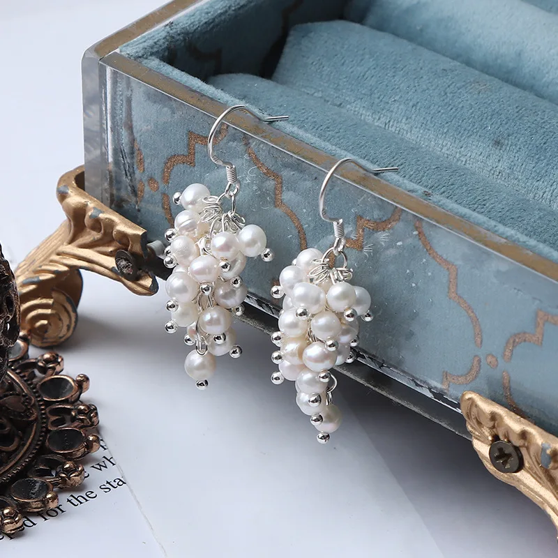 Freshwater Pearl Drop Earrings Grape-Shaped Pendant Women's Charm Hook Earrings Jewelry Personality Accessories Gifts