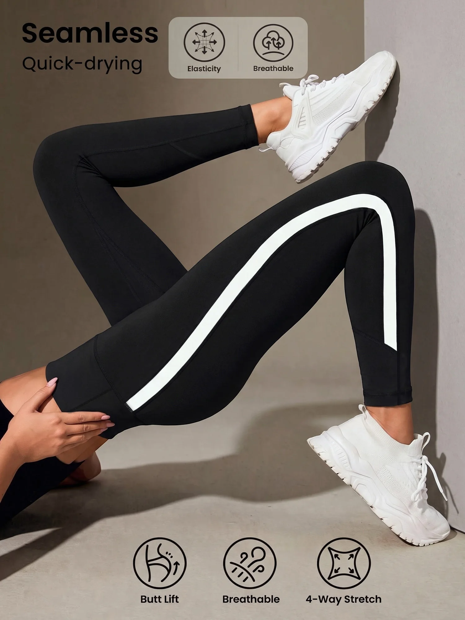 Ladies Casual Skinny Leggings High Waist Tummy Hold Side White Curved Stripe Elastic Fashion Trousers