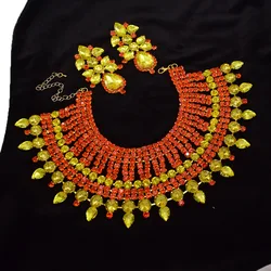 CUIER Orange Rhinestone Necklace Earring Exaggerated Set for Wedding Women Statement
