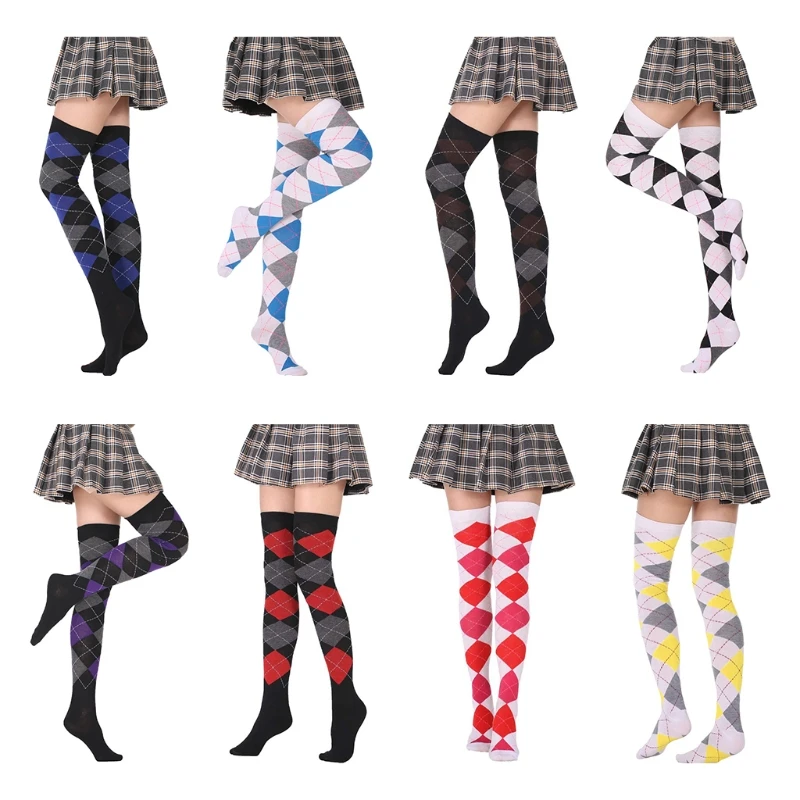 

Women Girls Student Thigh High Socks European College Vintage Colorful Argyle Plaid Pattern Over Knee Stockings