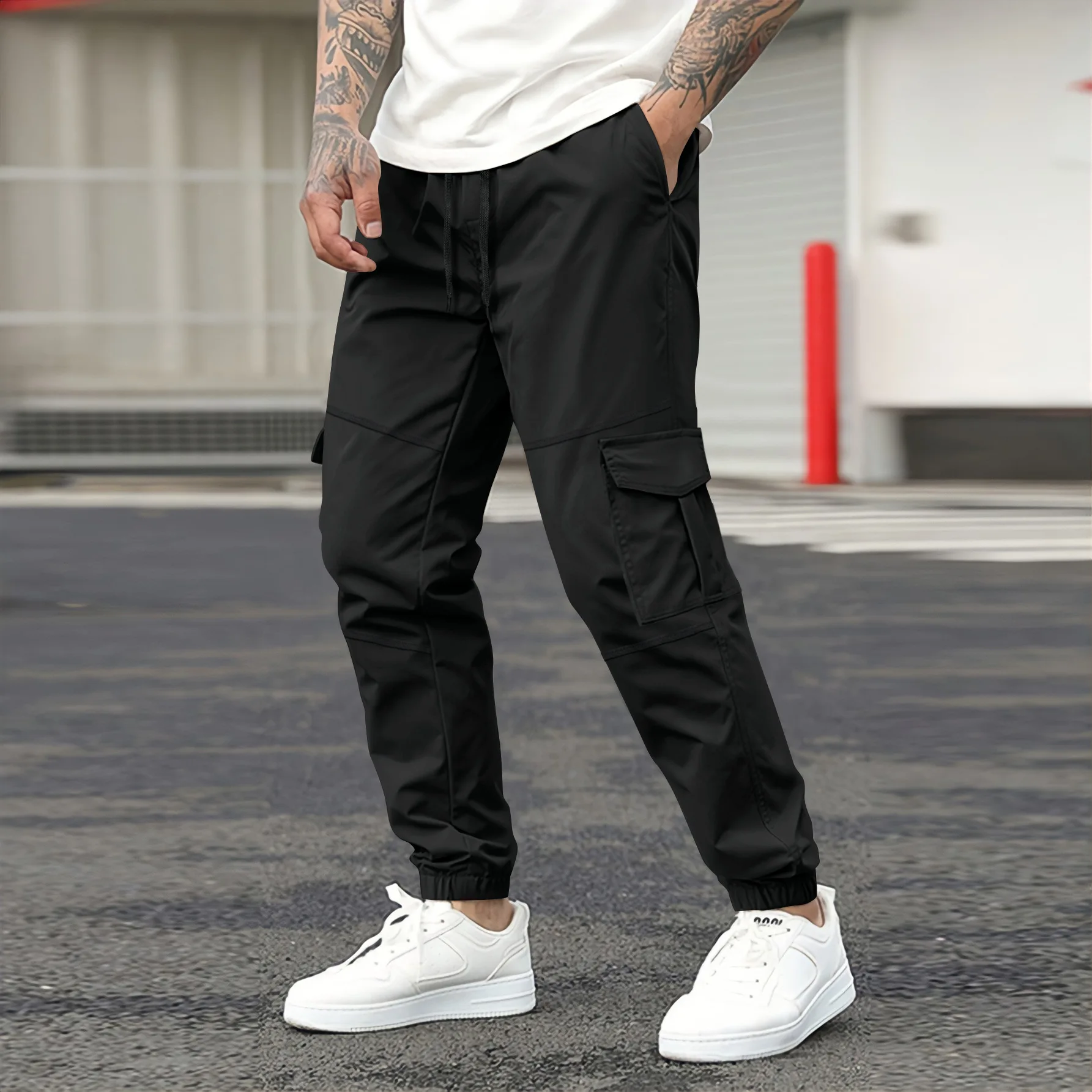 New cargo pants men\'s drawstring multi-pocket pants leisure sports fashion solid color outdoor leisure sports corset pants