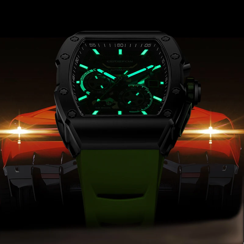 Men's Mechanical Watch Fully Automatic Hollowed Out Luminous 5ATM Waterproof Wine Barrel Shaped CERIEPON