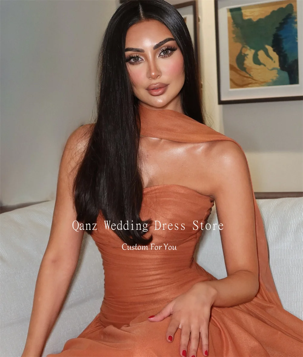 Qanz Burnt Orange Strapless Evening Dresses Women Modest Chiffon Scarf Party Dresses Long A Line Vestidos De Gala Customized image 2
