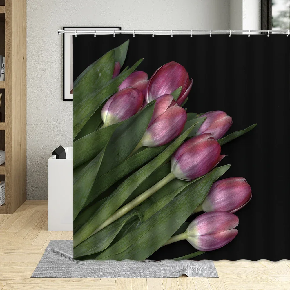 Tulip Landscape Flowers 3D Printing Waterproof Bathroom Shower Curtain Polyester Cloth With 12 Hooks Bathtub Curtains Home Decor image 3