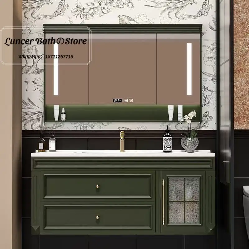 Solid Oak French Bathroom Vanity, Ceramic Integrated Washbasin, Vintage Wall Mounted Hand Sink Cabinet for Home