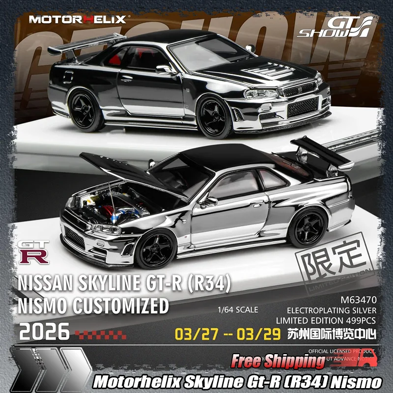 

New Motorhelix 1:64 Skyline Gt-R (R34) Nismo Customized Electroplated Silver - Limited Edition Car Model For Suzhou Gt Show Gift