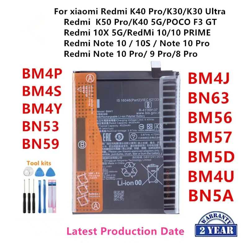 

100% Orginal BM4P BM4S BM4Y BN53 BN59 BM4J BN63 BM56 BM57 BM5D BM4U BN5A Battery For Xiaomi Redmi K50 Pro/K40 5G/K40 Pro/K30