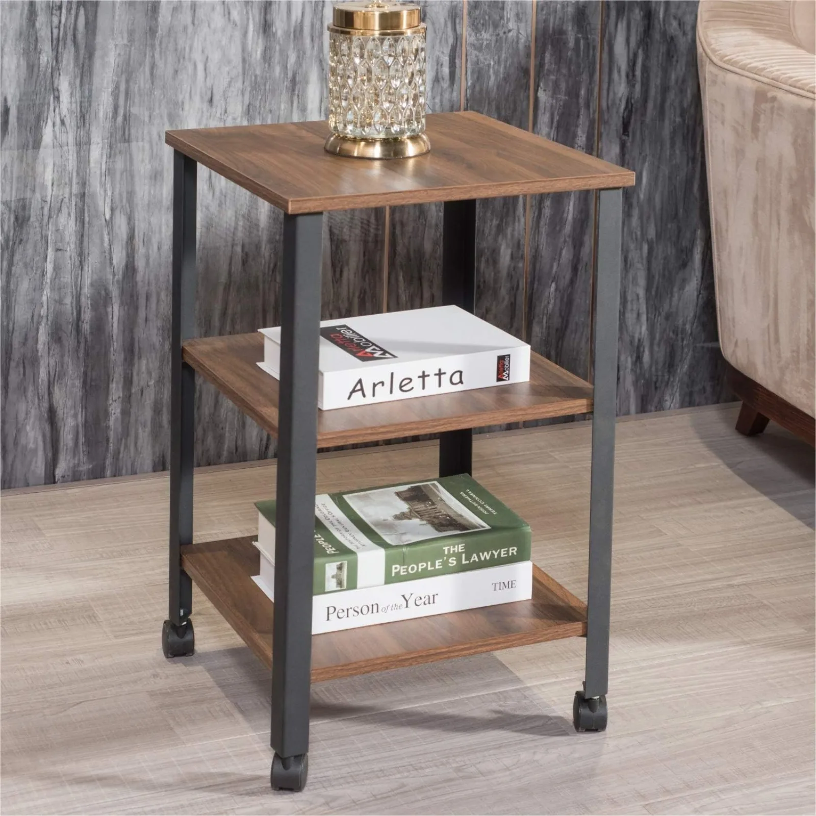 

US Ao Lei Small End Table, Side Table with 3-Tier Storage Shelves, Sofa End Table with Wheels,Sturdy