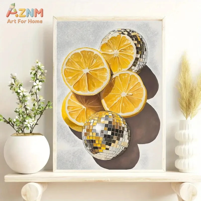 AZNM Trendy Disco Ball & Lemon Slices Canvas Wall Art Print, Retro Funky Home Decor, No Frame