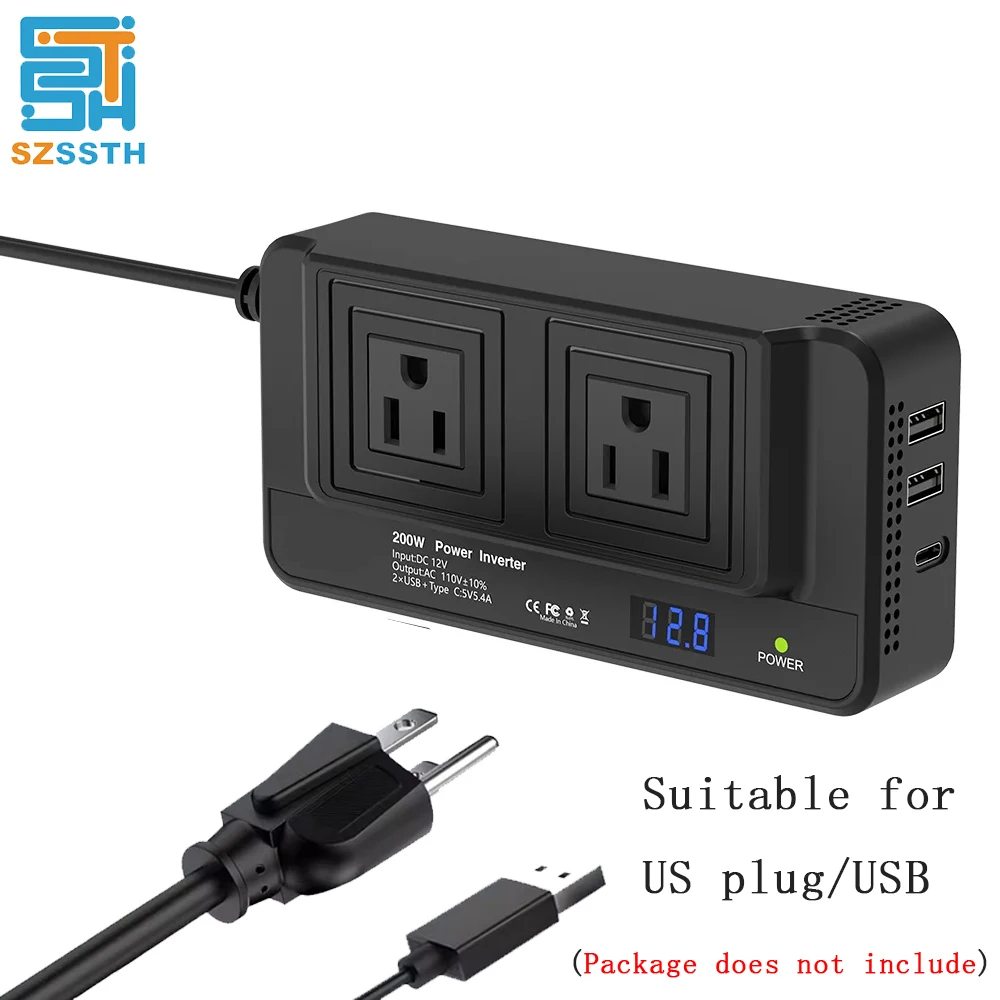 200W Car Power 400W Peak Inverter DC 12V to AC 110V Car Inverter with 2 US Sockets+2/4 USB or 1 Type C Ports