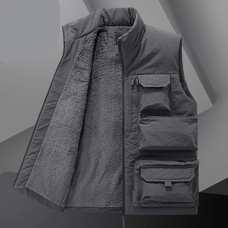 Autumn Winter Men Outdoor Vest Multi-Pocket Solid Color Fishing Director Reporter Work Waistcoat Casual Thick Fleece Vest Jacket