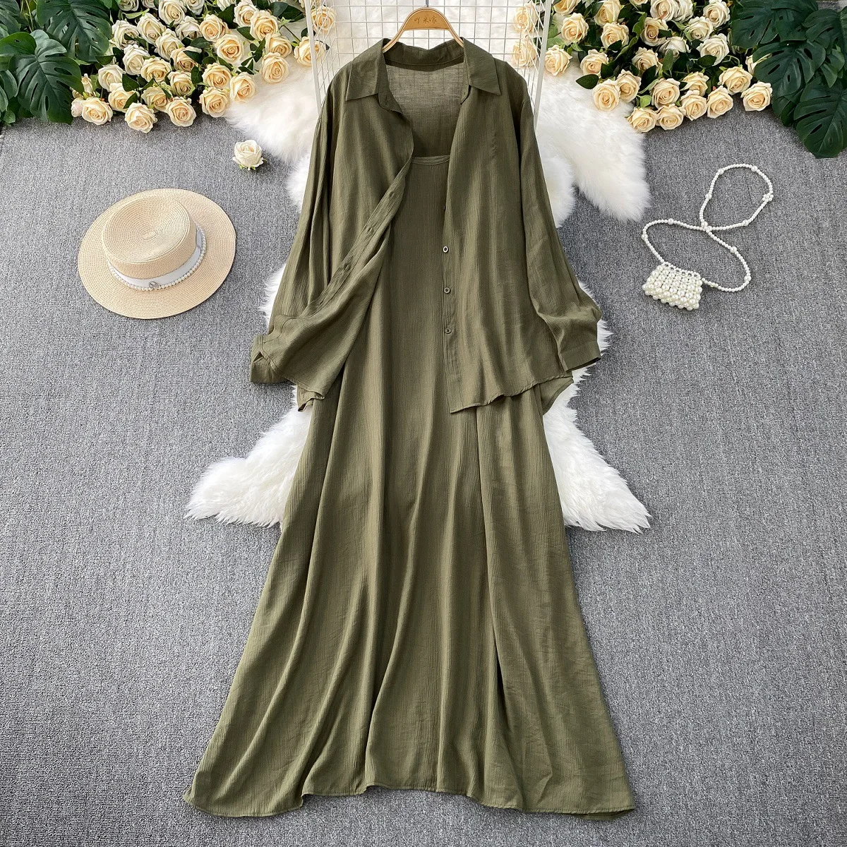 

Dress Set Women Two Piece Sets V Neck Sleeveless Sling Long Dresses Full Sleeve Casual Coats Tops Y2k Streetwear Elegant Splice