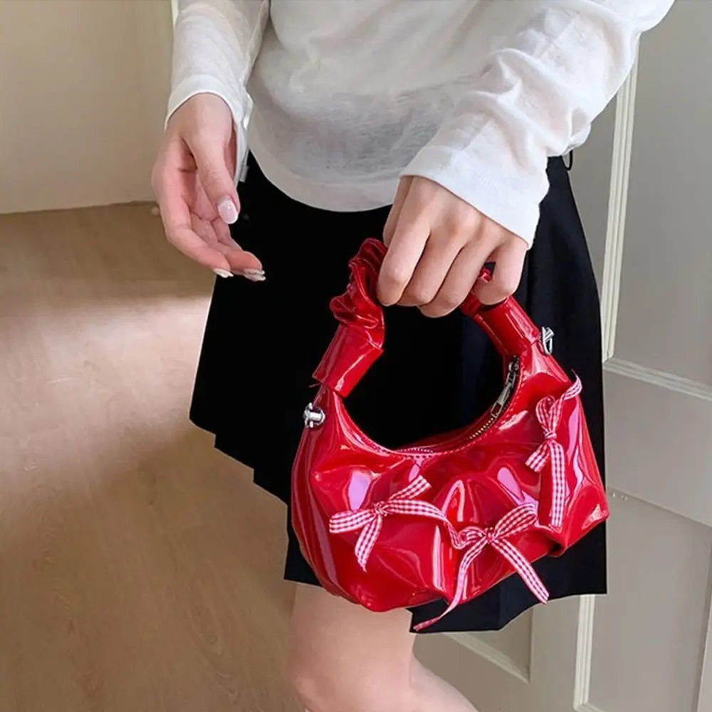 Bolsos coreanos con lazo y cinta para mujer, bolso de hombro plisado de nube de cuero Pu, bolsos pequeños y dulces para mujer
