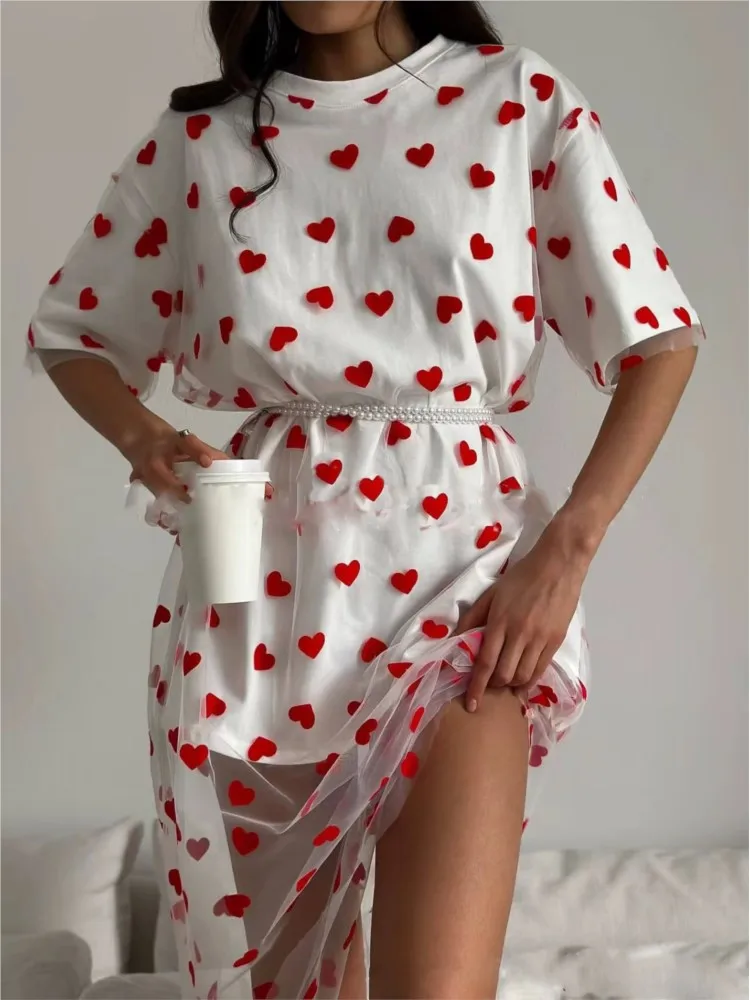 

Fashion Print Mesh Yarn Dress Lady Casual O Neck Short Sleeve Pullover Loose T Shirt Dresses For Women Holiday Womens Clothing