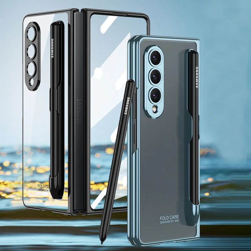 Electroplated Frame Shockproof Front Tempered Glass Full Protection Cover For Samsung Galaxy Z Fold 4 Case with S Pen Holder