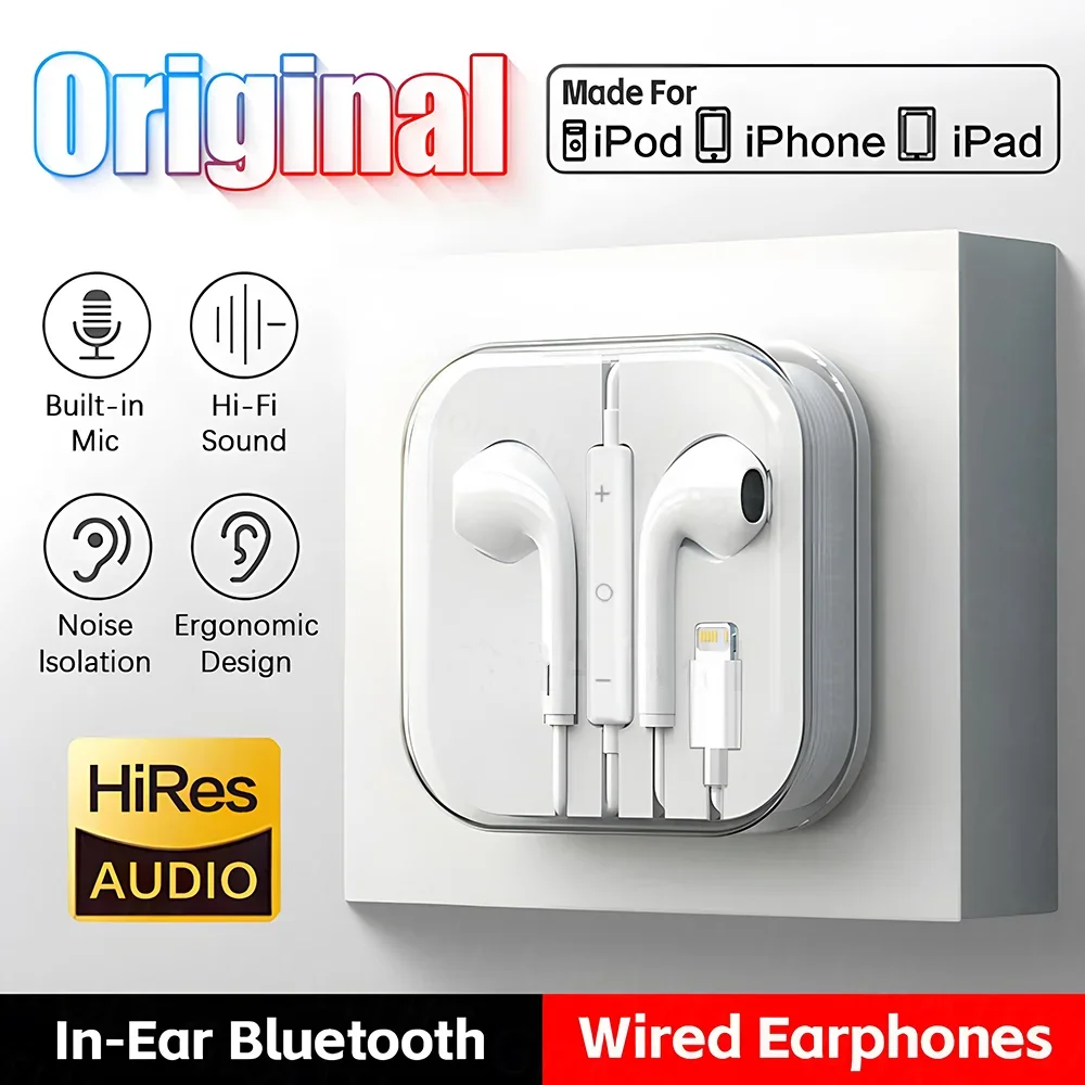 Original Headphones For Apple iPhone 14 Wired Bluetooth Earphones 13 12 11 Pro Max XR 7 8 6 6s Plus 3.5mm In-Ear Stereo Earbuds