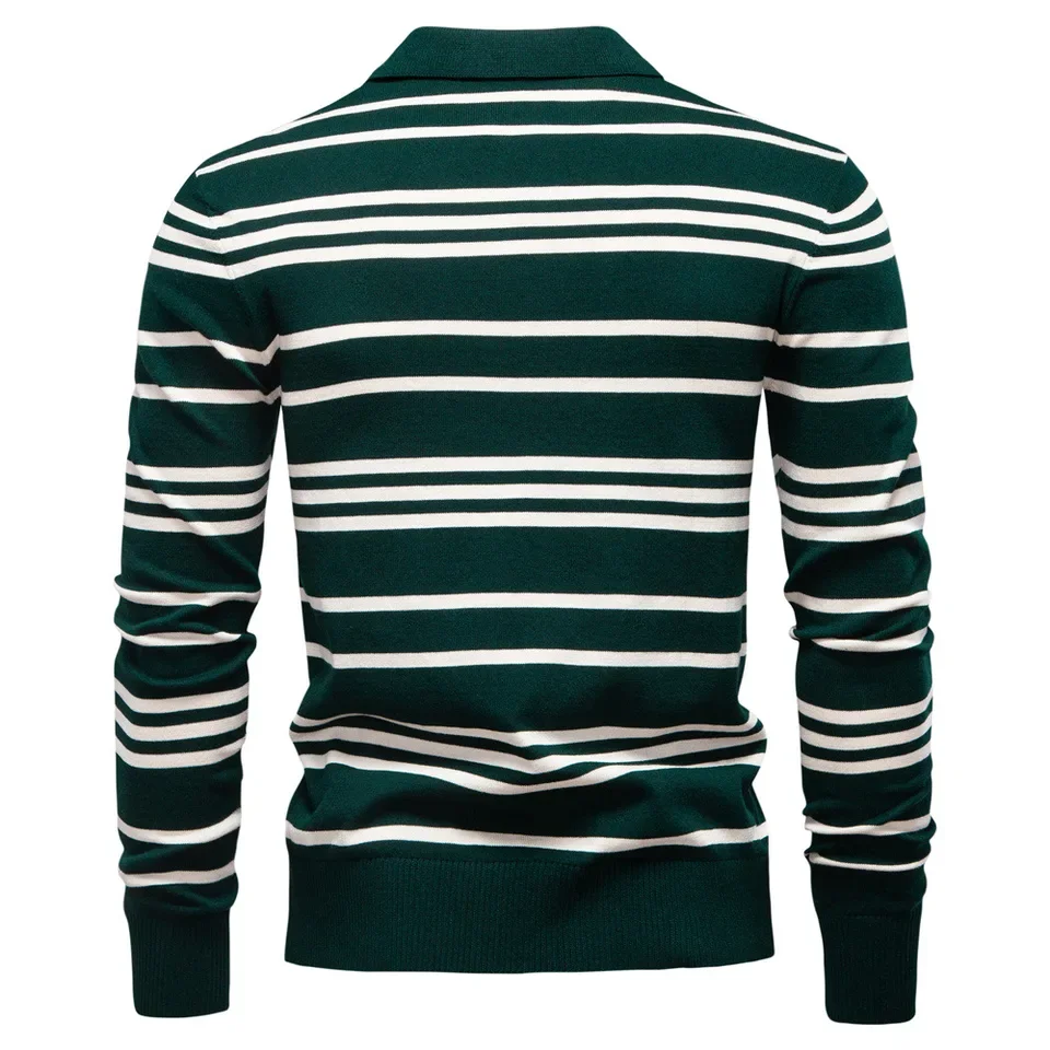 2025 Autumn Winter New Fashion Men's Striped Color-coded Turn-down Collar Long Sleeve Pullover Sweaters Male Polo Shirts Tops