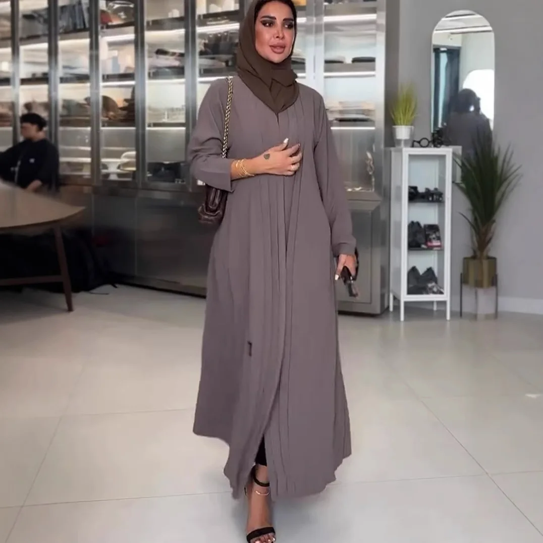 Eid Abaya Musulmano per Le Donne Arabo Abito Lungo Jalabiya Abiti con Bottone Singolo Ramadan Marocco Dubai Abaya Caftano Pieghe Abiti