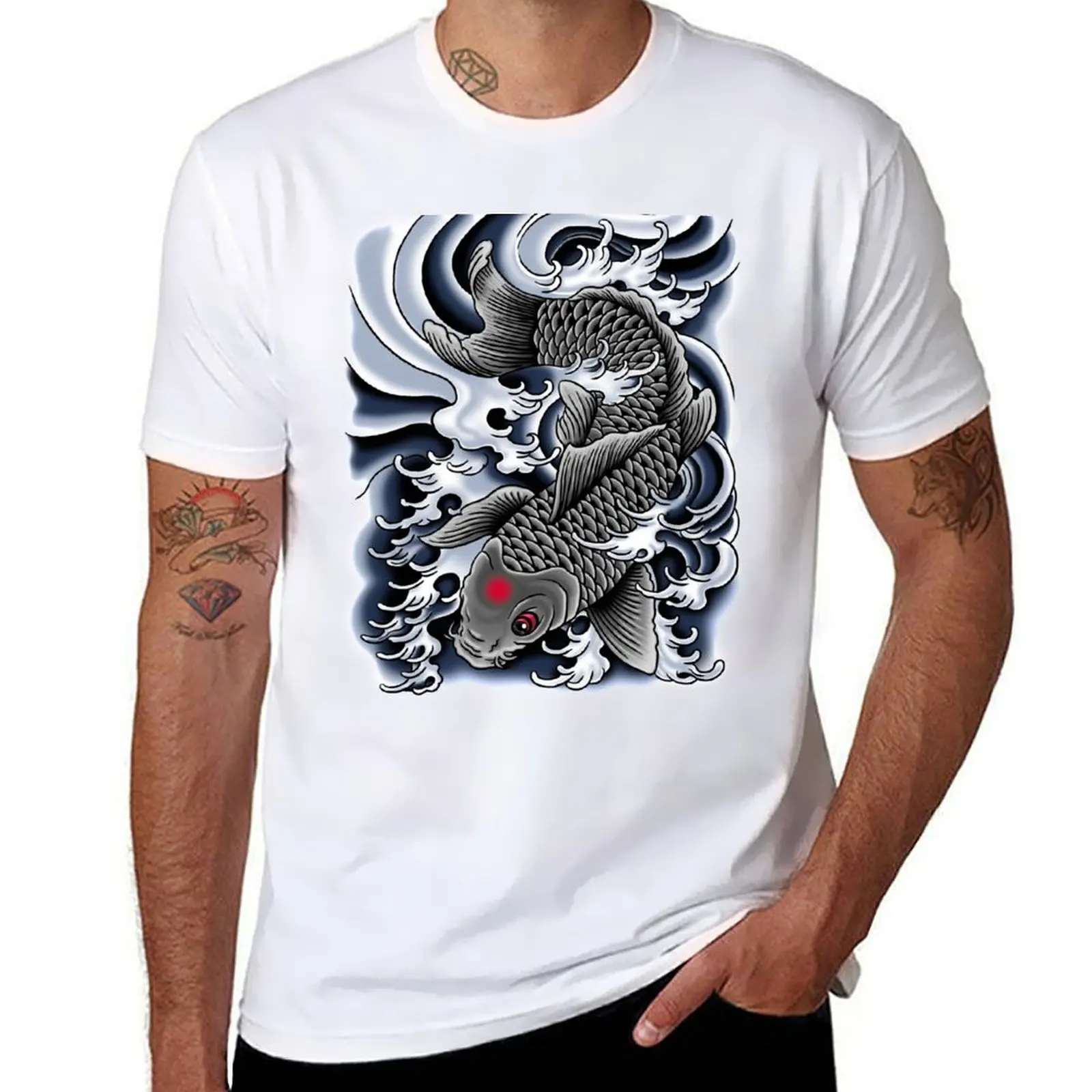 

Tattoo Koi Grey T-Shirt t shirts cotton 100% t shirt man designer T-Shirt