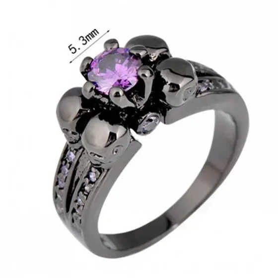 Men's 4 Skull Design Purple Zircon Wedding Ring Black Gold Party Jewelry Size 6-10