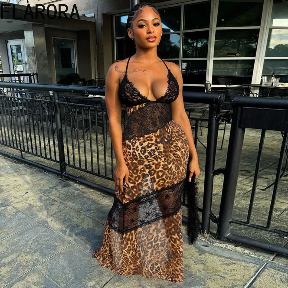 FLARORA เซ็กซี่ลูกไม้เสือดาว Patchwork ชุดนางเงือกผู้หญิงสปาเก็ตตี้สายคล้องคอลึก V Backless Bodycon ชุดราตรี Vestidos