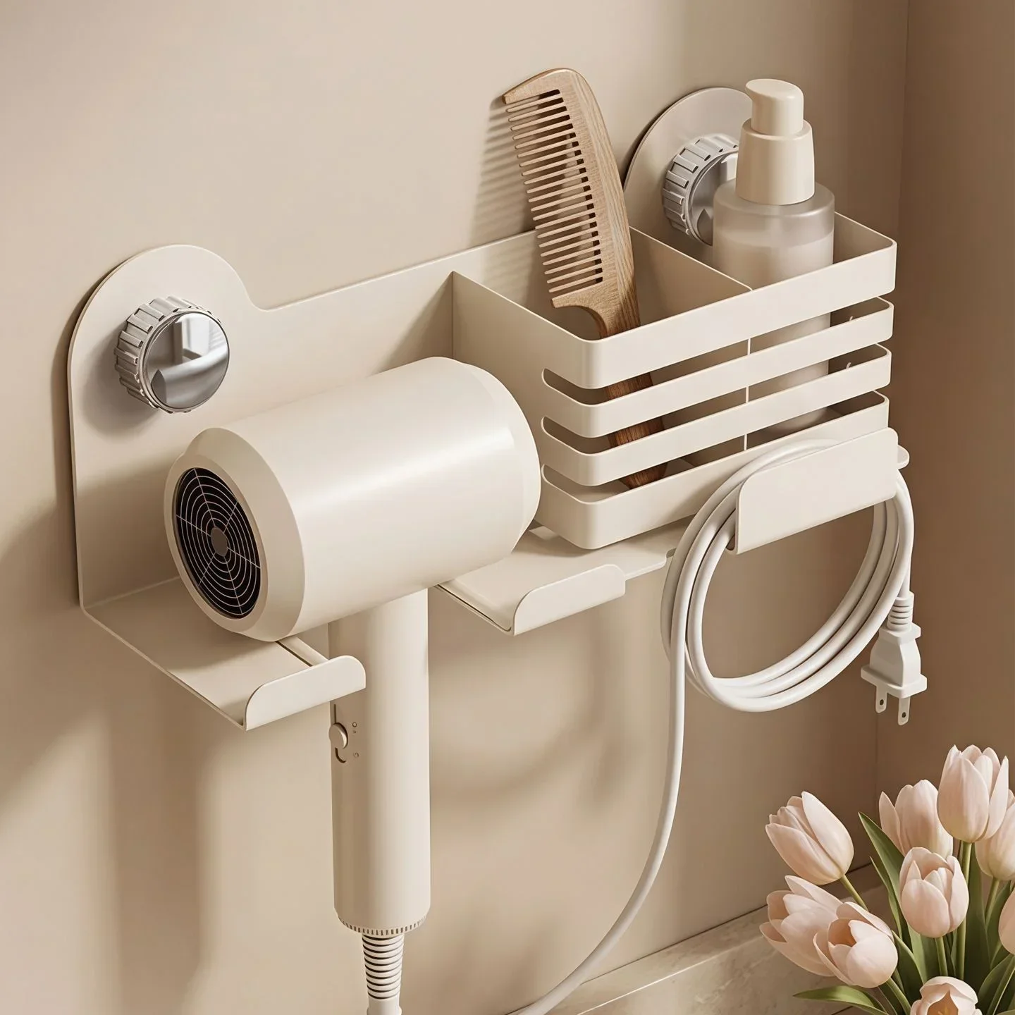 Hair Dryer Holder Wall Mount, Carbon Steel Blow Dryer Storage Rack with Cable Hook & Compartment, Bathroom Hair Dryer Stand