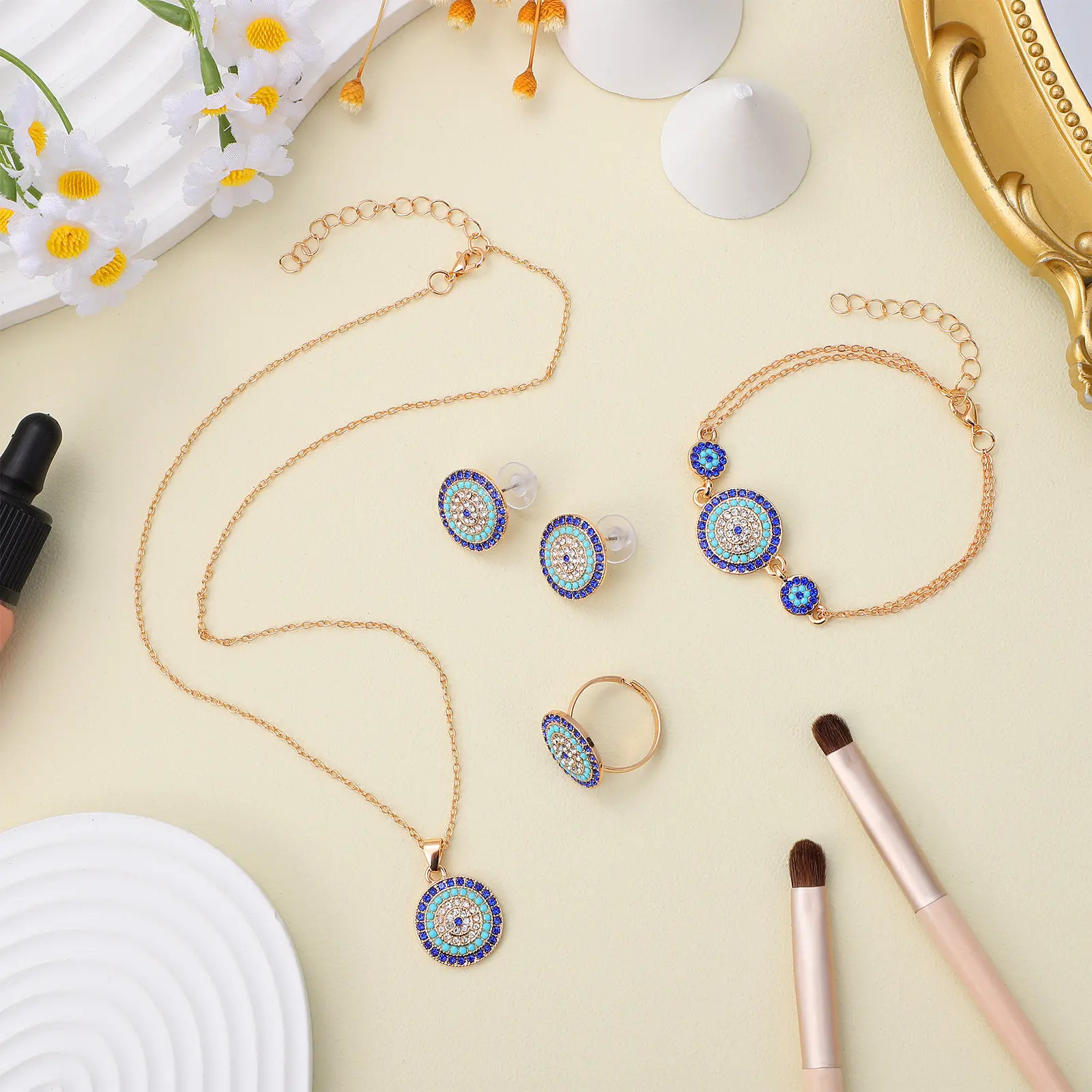 Turkish Evil Eye Jewelry Set for Women – Necklace, Earrings, Ring & Bracelet in Blue Alloy - view 5