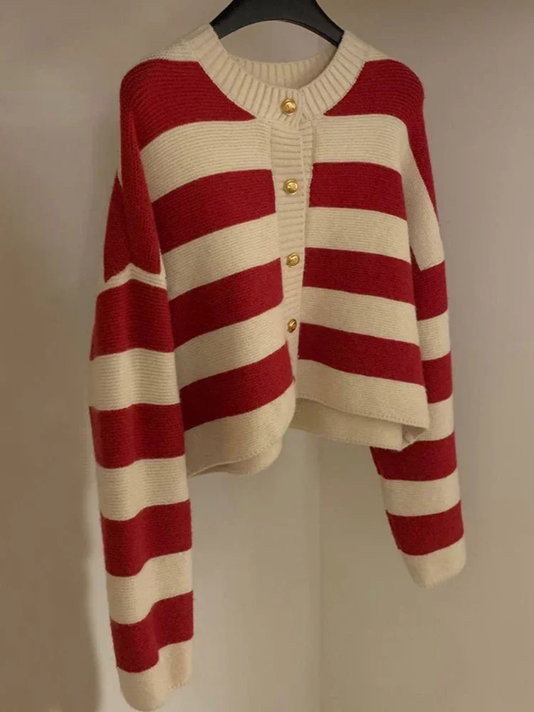 Suéter de moda coreana para mujer, cárdigan de punto a rayas, suéter de manga larga, cárdigans cortos sueltos, tops casuales para mujer, Otoño e Invierno