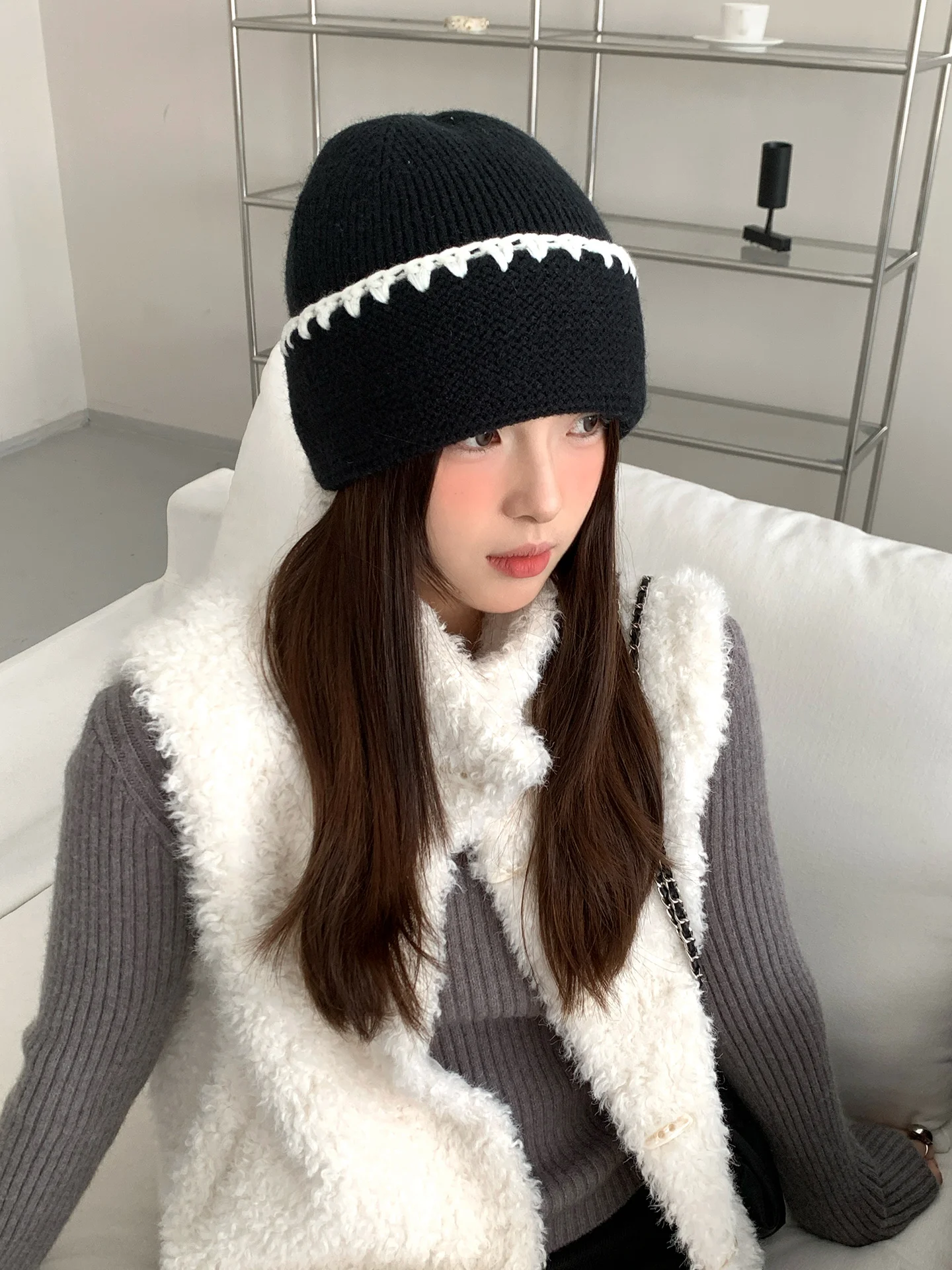 الكورية نمط تنوعا اللون حجب مخطط محبوك قبعة للنساء سميكة حماية الأذن للدفء قبعة مقنعين #3