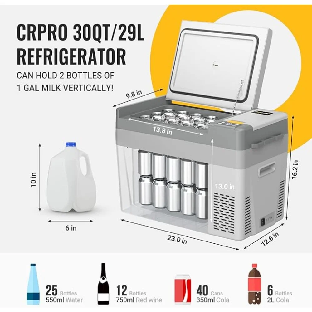 Refrigerator, 30 Quart Compressor & Car Fridge, Less Consumption and Shock-proof, 4 Safety Points Fix, Portable Refrigerator