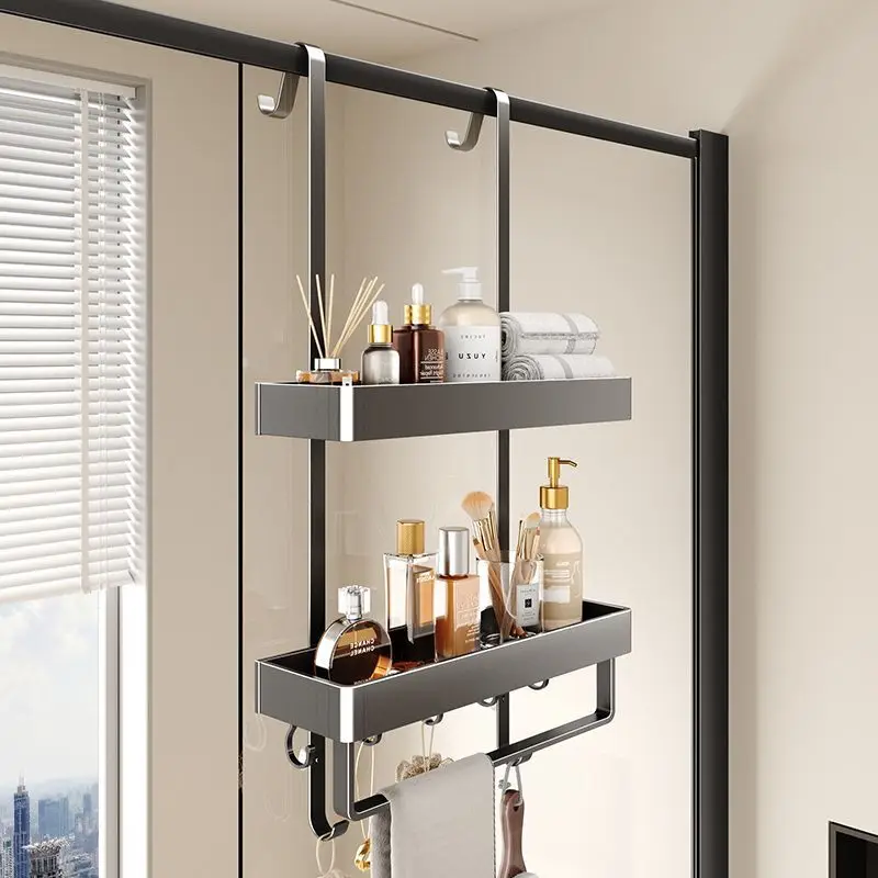 no-drill-two-tier-hanging-shower-caddy-aluminum-bathroom-organizer-hooks-drainage-baskets-glass-door-rail