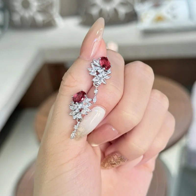 925 sterling silver camellia luxurious pigeon blood ruby earrings for high-end ladies dinner party red zircon earrings jewelry