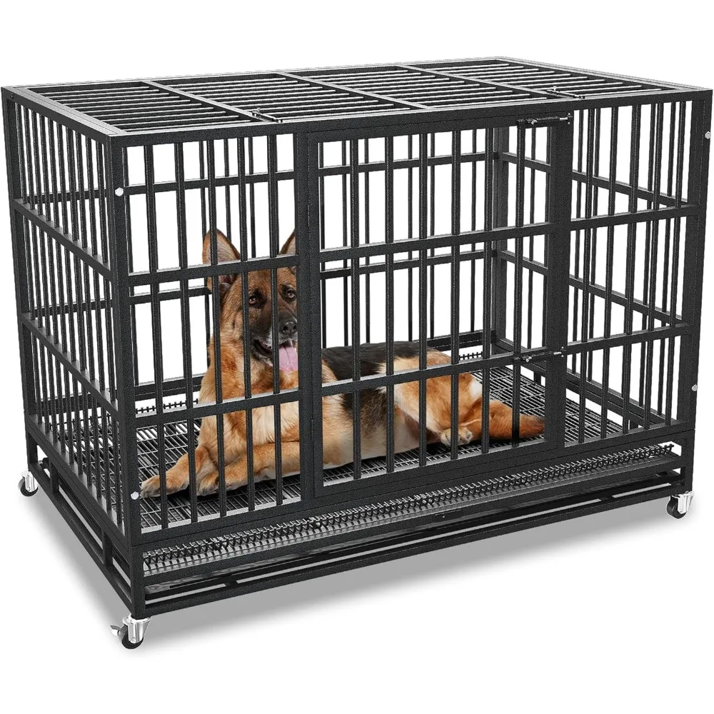 48/42/38 Inch Heavy Duty Dog Crate Cage with Wheels, Indestructible and Escape Proof Steel Kennel Indoor for High Anxiety Dogs w