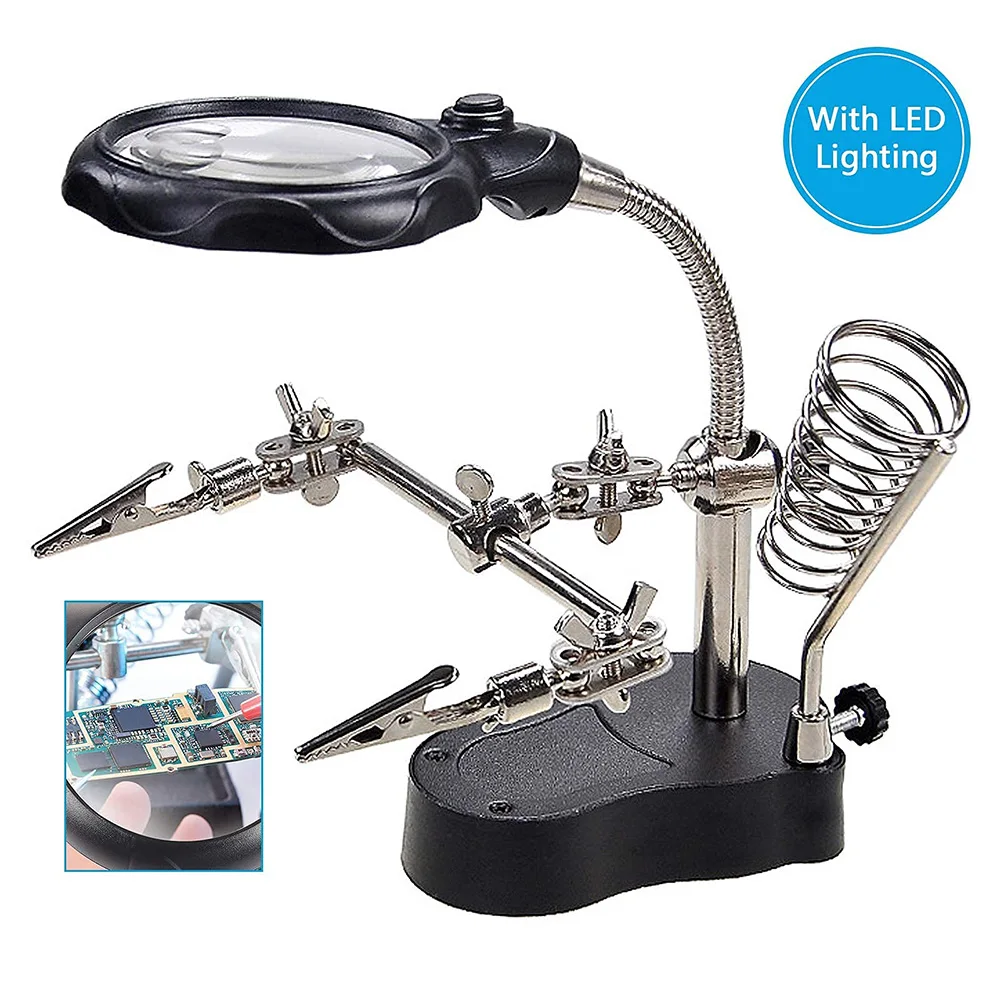 Soldering Iron Station Stand Welding Magnifying Glass Clip Clamp Third Hand Helping Desktop Magnifier Soldering Repair Tool LED