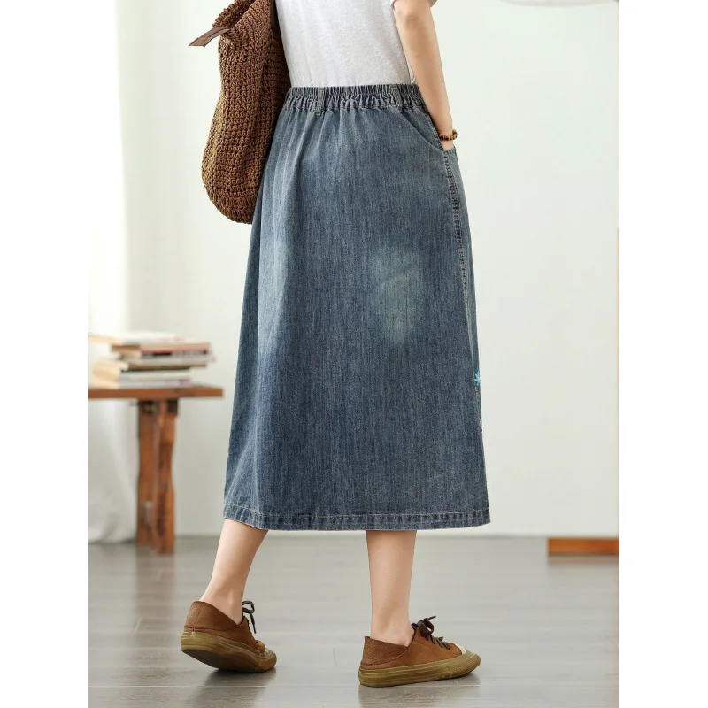 Masss Wasss Summer Womens Fashion Classic Loose Leisure Denim Skirts Vintage Embroidery Ladies Floral Streetwear Korean Clothing