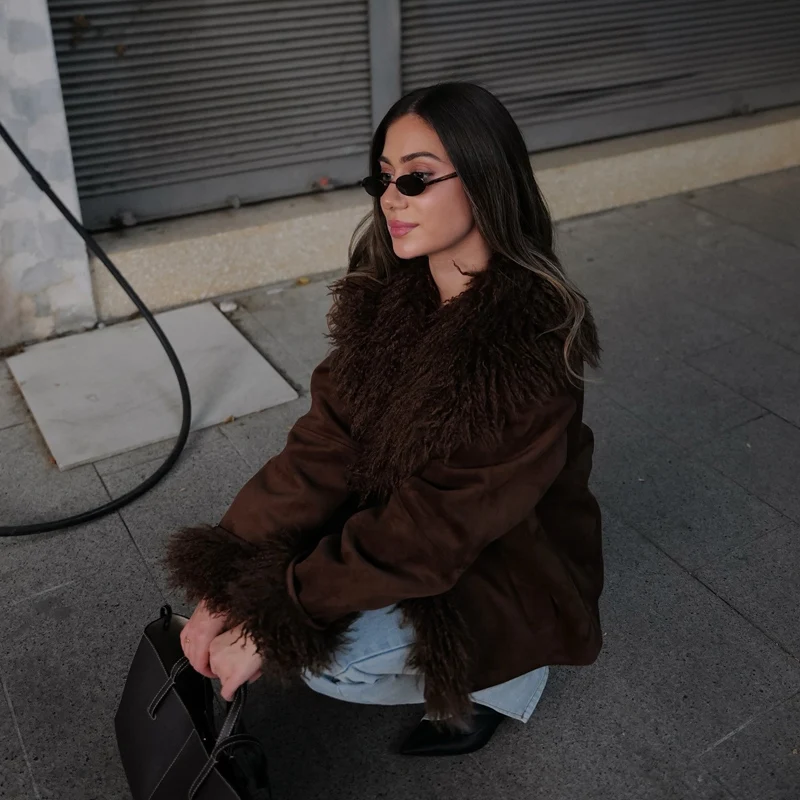 여성용 인조 모피 코트 브라운 아우터웨어 여성용 2025 겨울 재킷 테디 베어 코트 긴 소매 탑 여성 패션 재킷