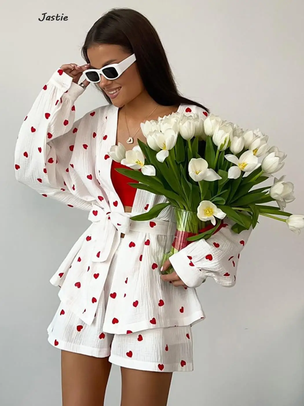 

Cotton Shirts Spring Summer Pajamas Causal Belted Cardigan Blouse Women Set Fashion Love Printed Elastic Waist Shorts Sets New