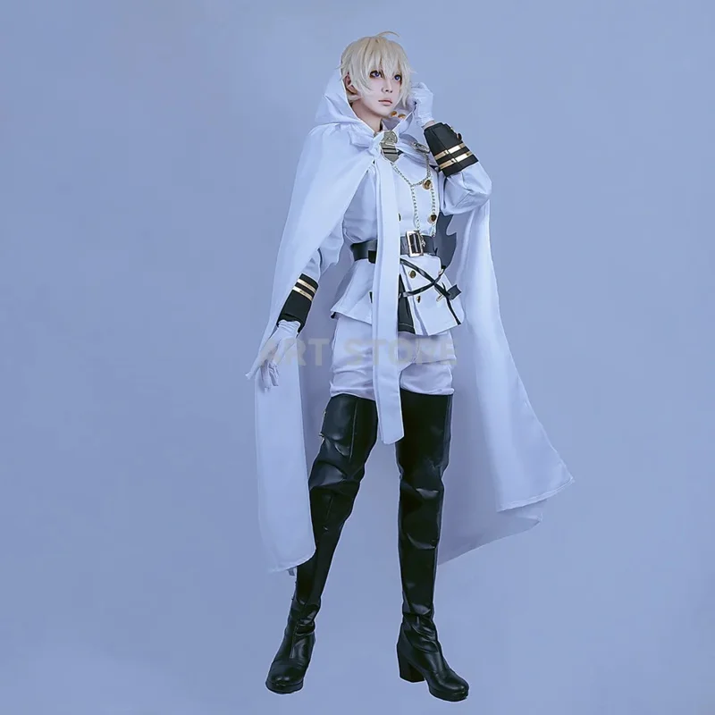 ميكايلا هياكويا تأثيري أنيمي ساروف من نهاية تأثيري حلي حفلة الهالوين عباءة بيضاء خندق معطف السراويل قفازات شعر مستعار JQ4767