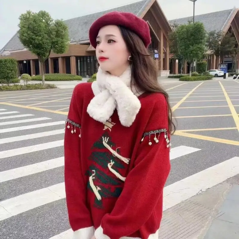 

New Autumn Winter Women Fashion Versatile Christmas Sweater Casual Loose Western Style Lazy Wind Medium Long Look Knitted Tops