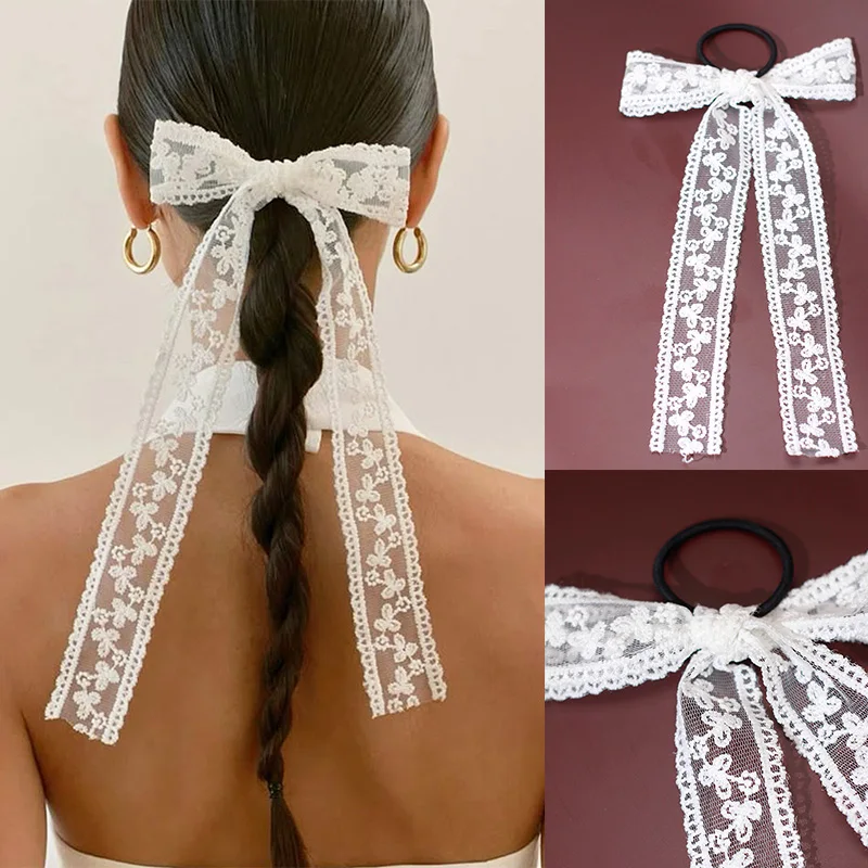 White Lace Sweet Bow Knot Ribbon Embroidery Hair Bow Scrunchies For Women Girls Elastic Hairband Female Hair Accessories