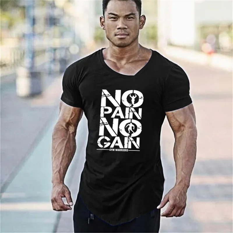 Summer Cotton Breathable Short Sleeve Clothing Gym Fitness Muscle Slim Fit V-neck T-shirt Men Bodybuilding Sport Irregular Shirt